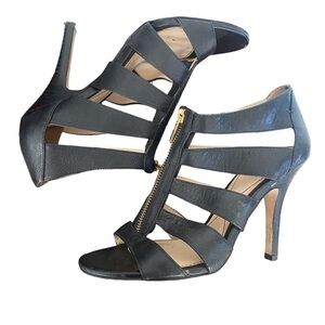 Isola Steffi Cage Front Gold Zip Black Heeled Leather Pumps Size 8